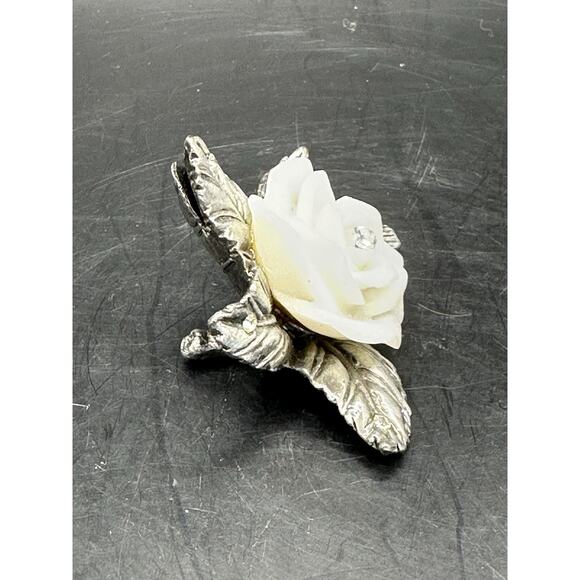 Unique Pewter and Carved White Stone Rose with Crystal Center Sculpture 2 Inch - Picture 2 of 6